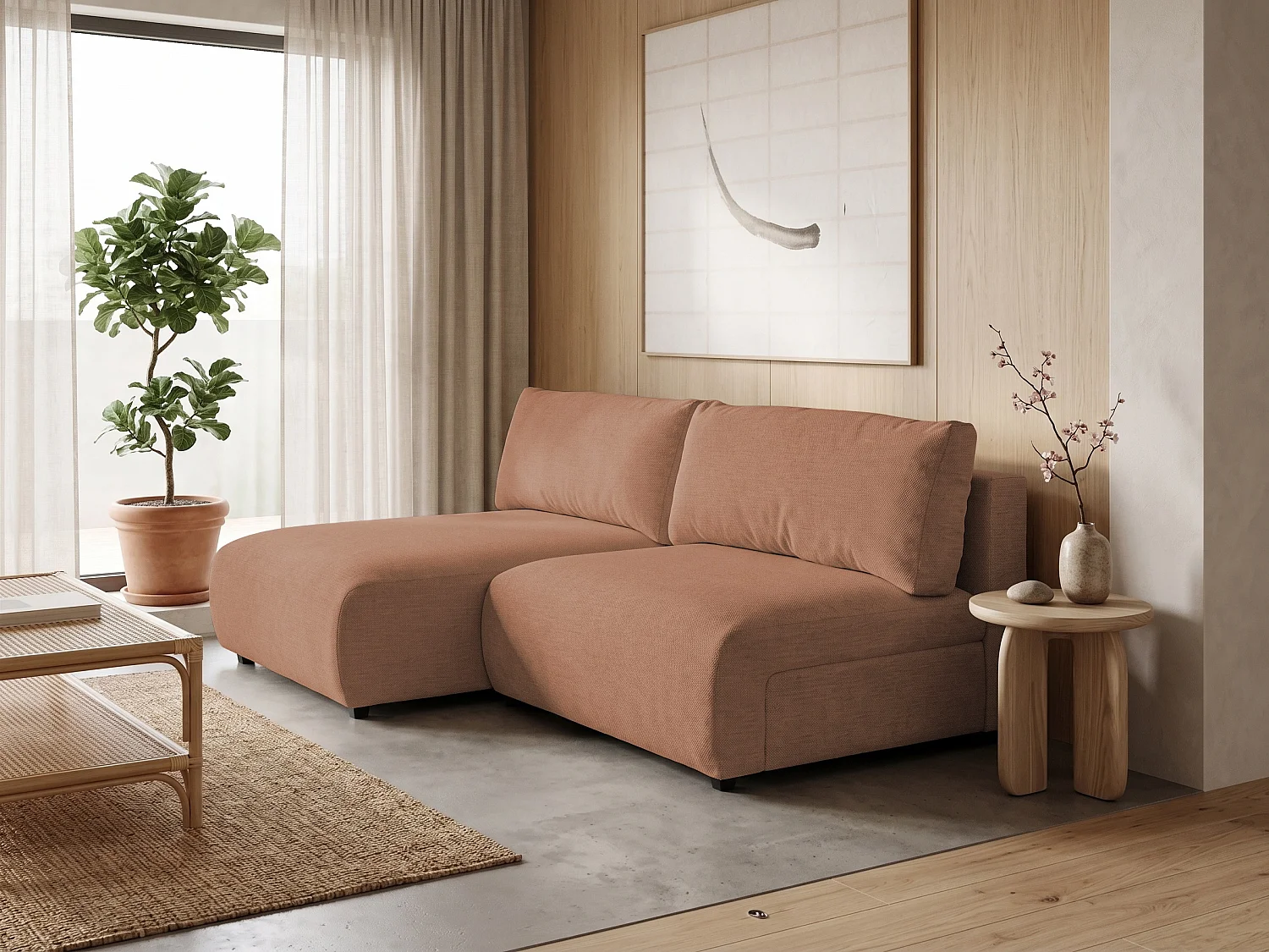 Canapé d’angle avec fonction couchage, coffre de rangement et zone de confort extra profonde en tissu structuré de haute qualité SORA