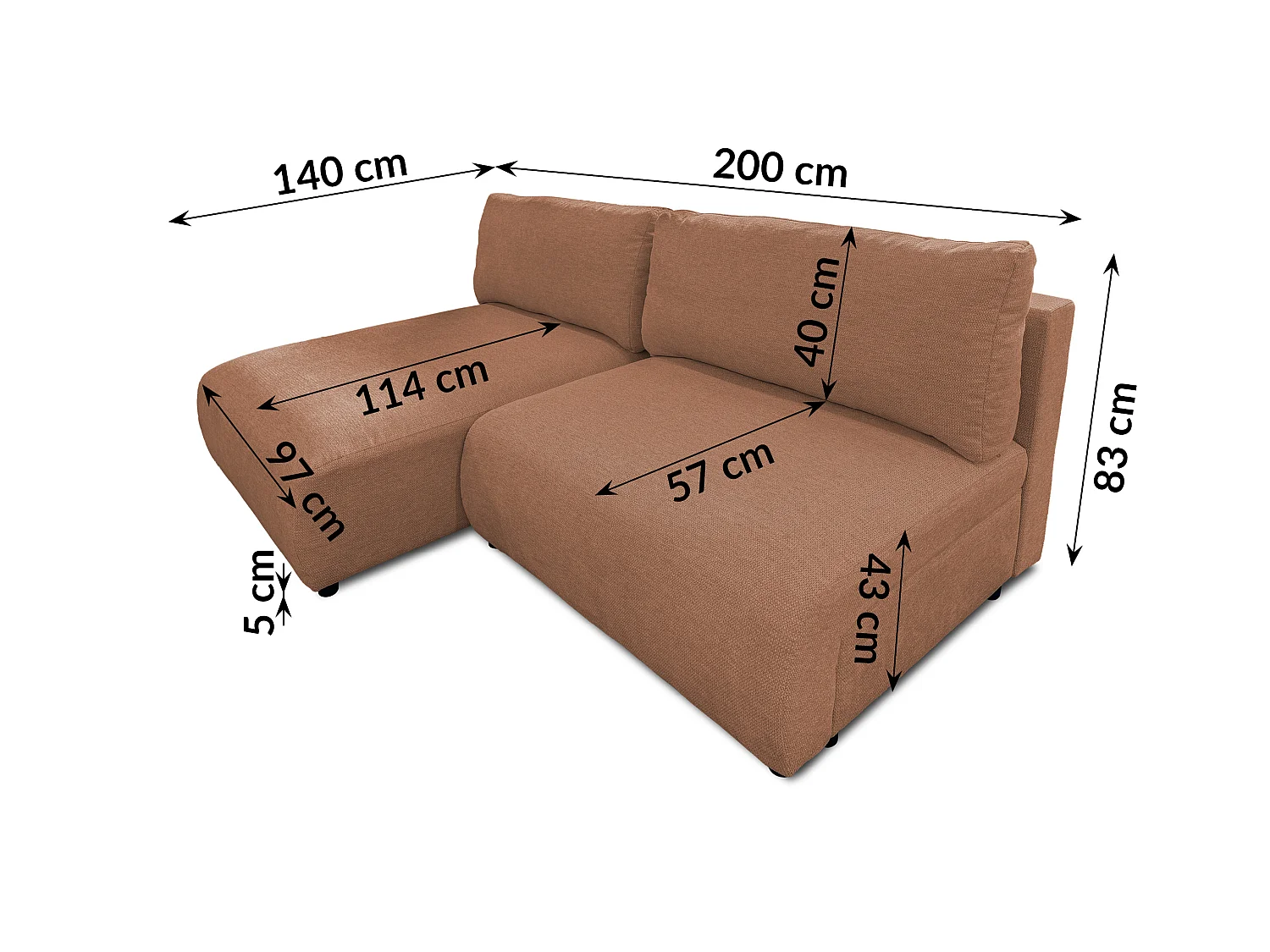 Canapé d’angle avec fonction couchage, coffre de rangement et zone de confort extra profonde en tissu structuré de haute qualité SORA