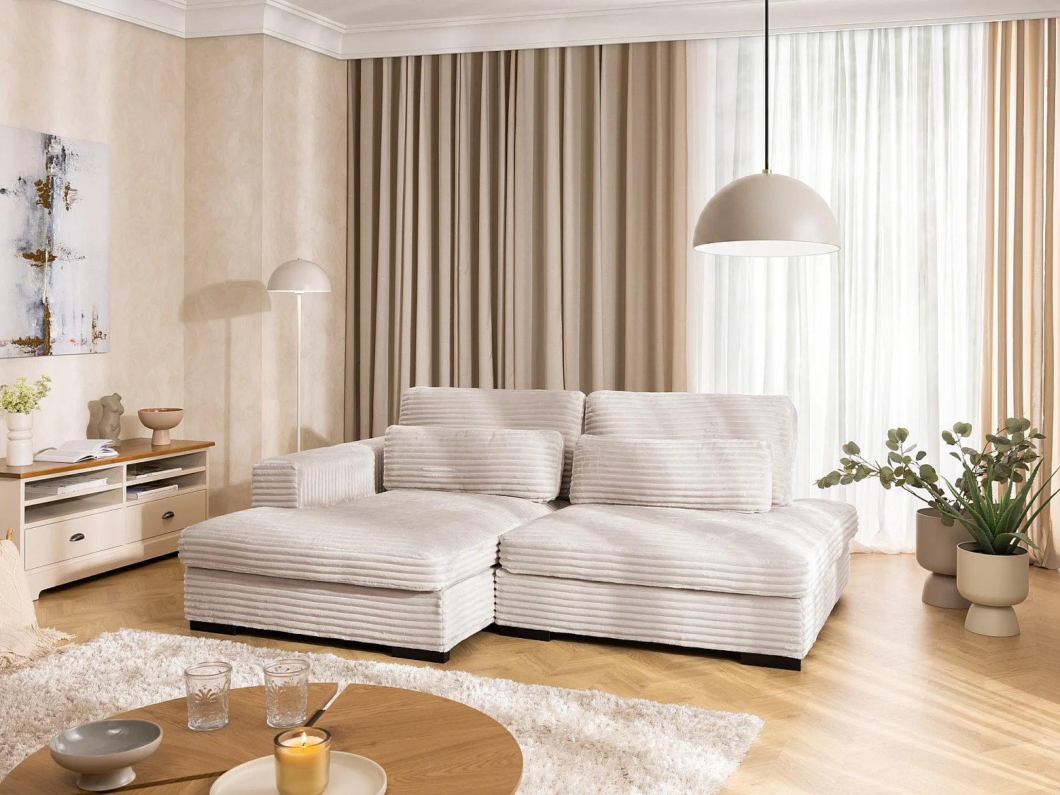 Canapé d’angle avec assise profonde, fonction couchage et pratique coffre de rangement, en tissu côtelé doux WOLKE