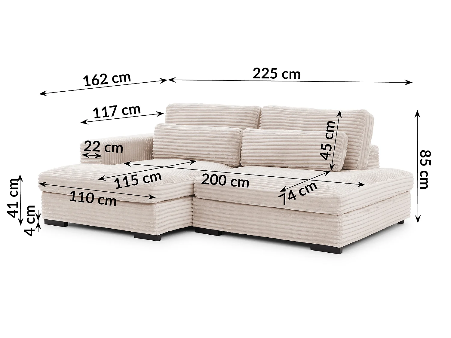 Canapé d’angle avec assise profonde, fonction couchage et pratique coffre de rangement, en tissu côtelé doux WOLKE