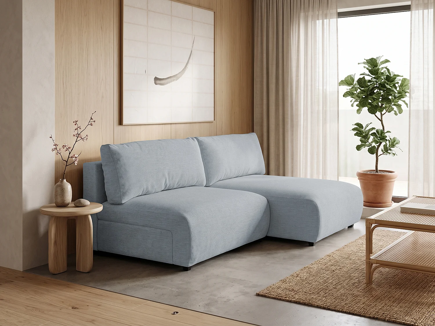 Canapé d’angle avec fonction couchage, coffre de rangement et zone de confort extra profonde en tissu structuré de haute qualité SORA