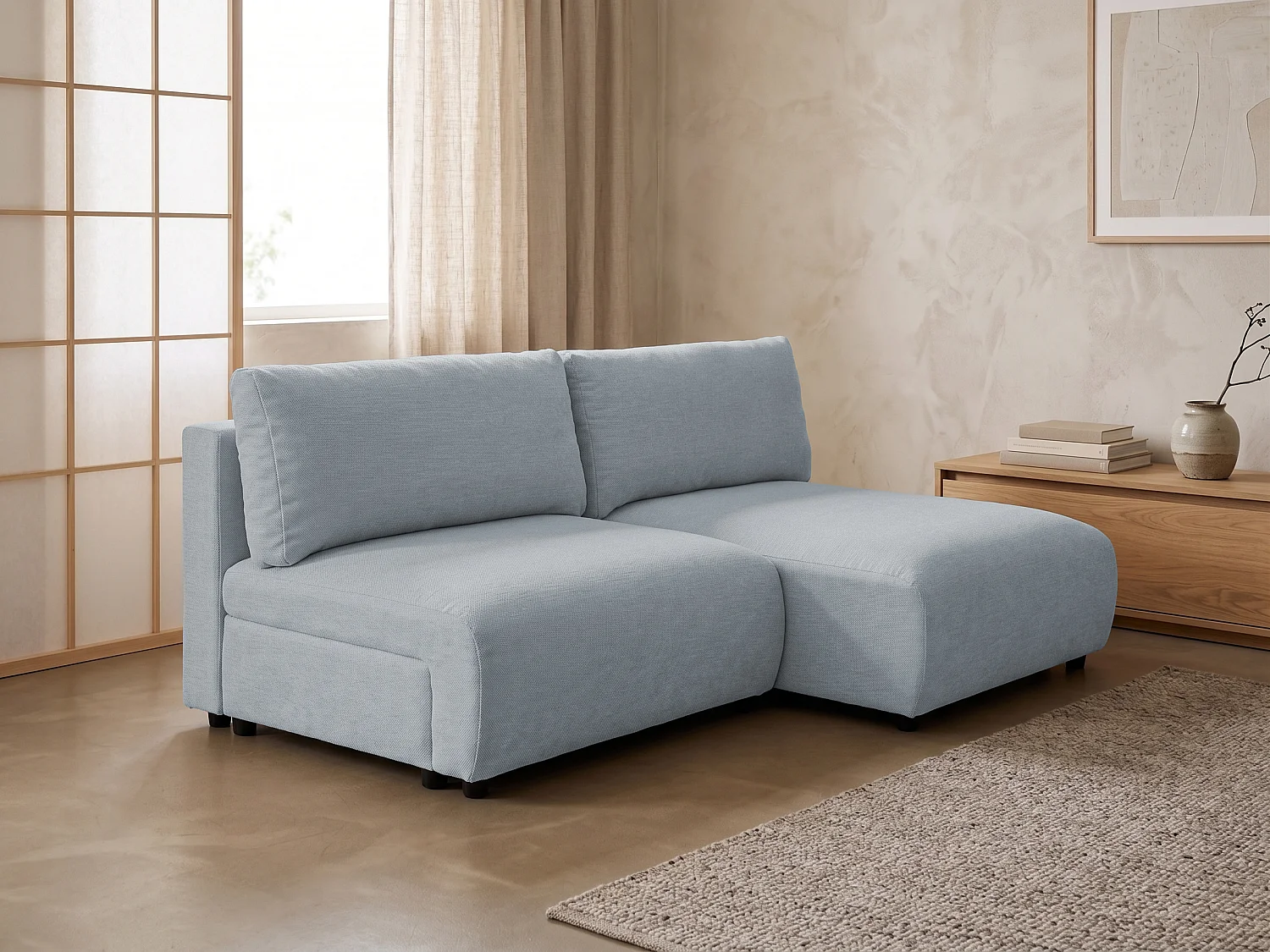 Canapé d’angle avec fonction couchage, coffre de rangement et zone de confort extra profonde en tissu structuré de haute qualité SORA