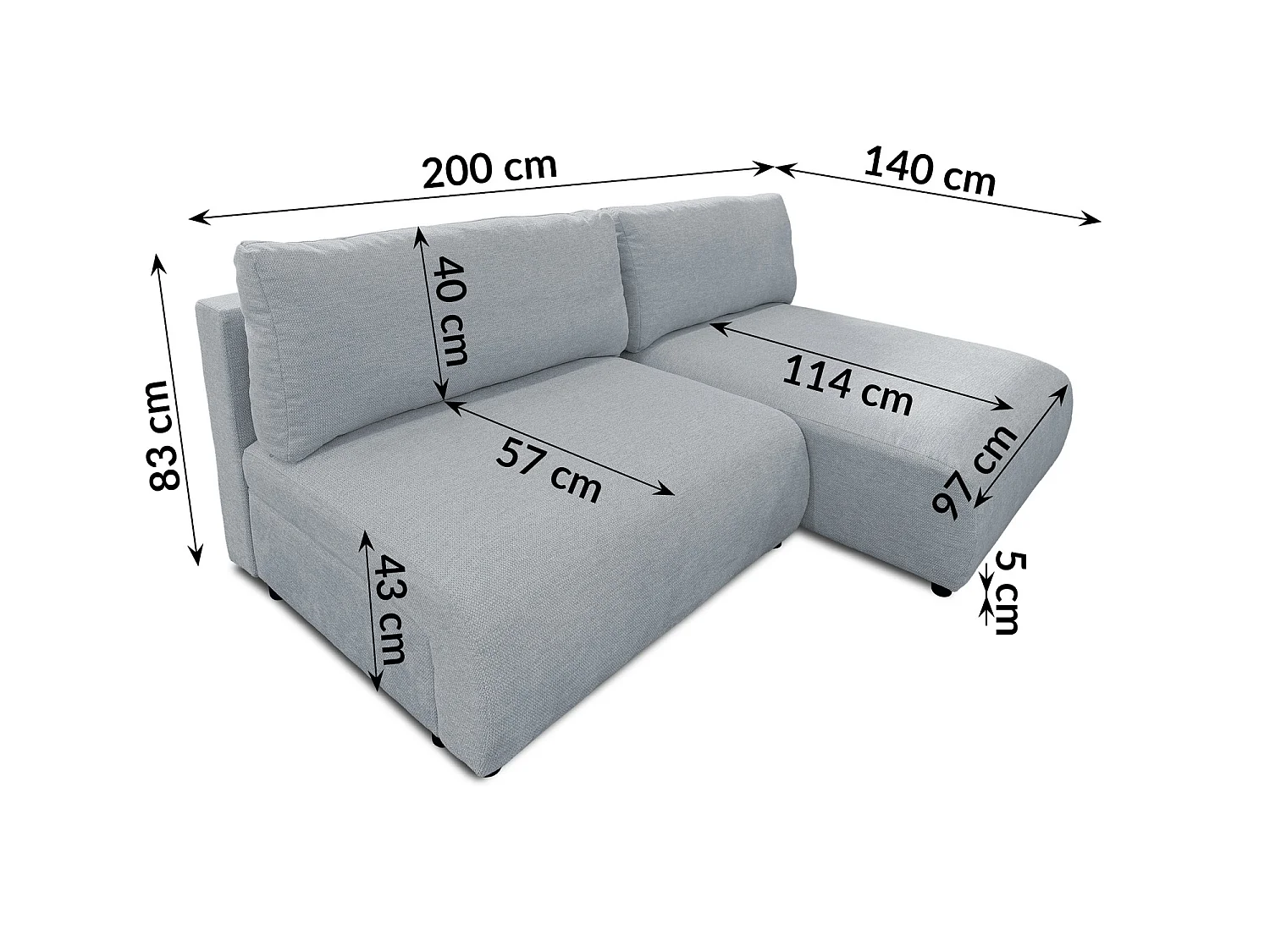 Canapé d’angle avec fonction couchage, coffre de rangement et zone de confort extra profonde en tissu structuré de haute qualité SORA