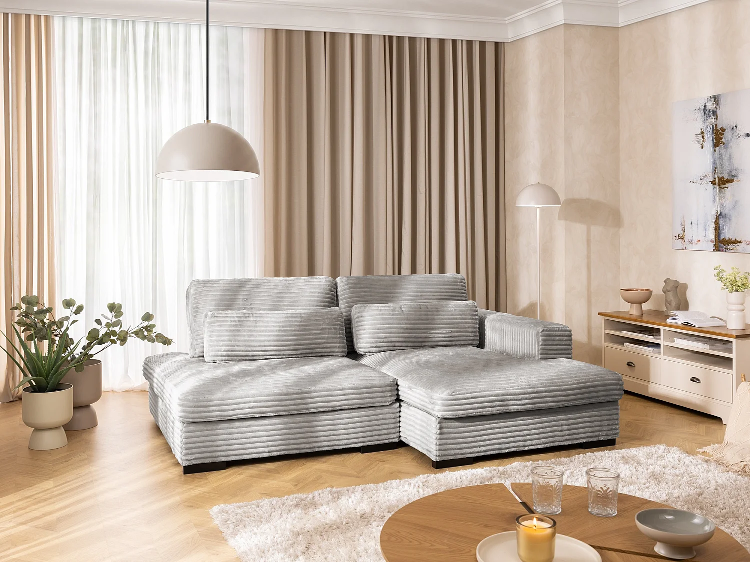 Canapé d’angle avec assise profonde, fonction couchage et pratique coffre de rangement, en tissu côtelé doux WOLKE
