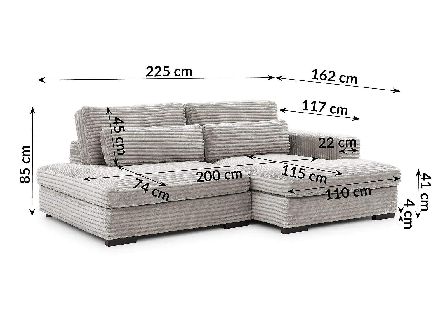 Canapé d’angle avec assise profonde, fonction couchage et pratique coffre de rangement, en tissu côtelé doux WOLKE