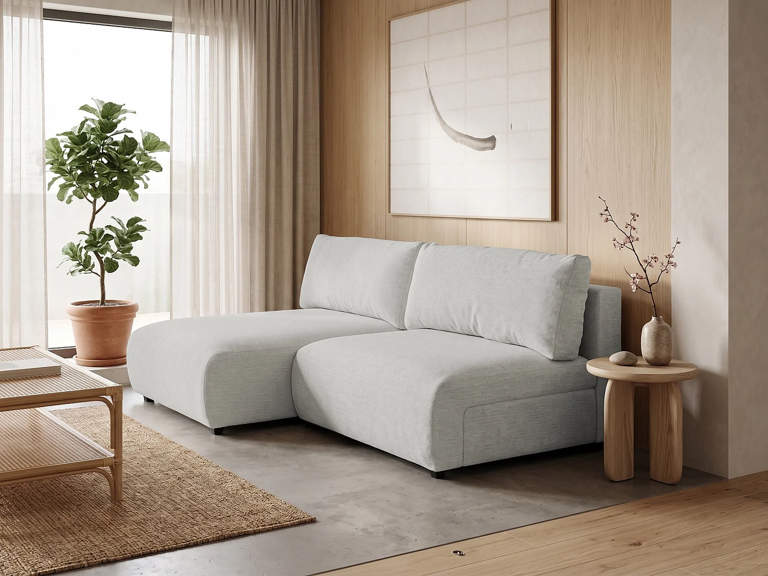 Canapé d’angle avec fonction couchage, coffre de rangement et zone de confort extra profonde en tissu structuré de haute qualité SORA