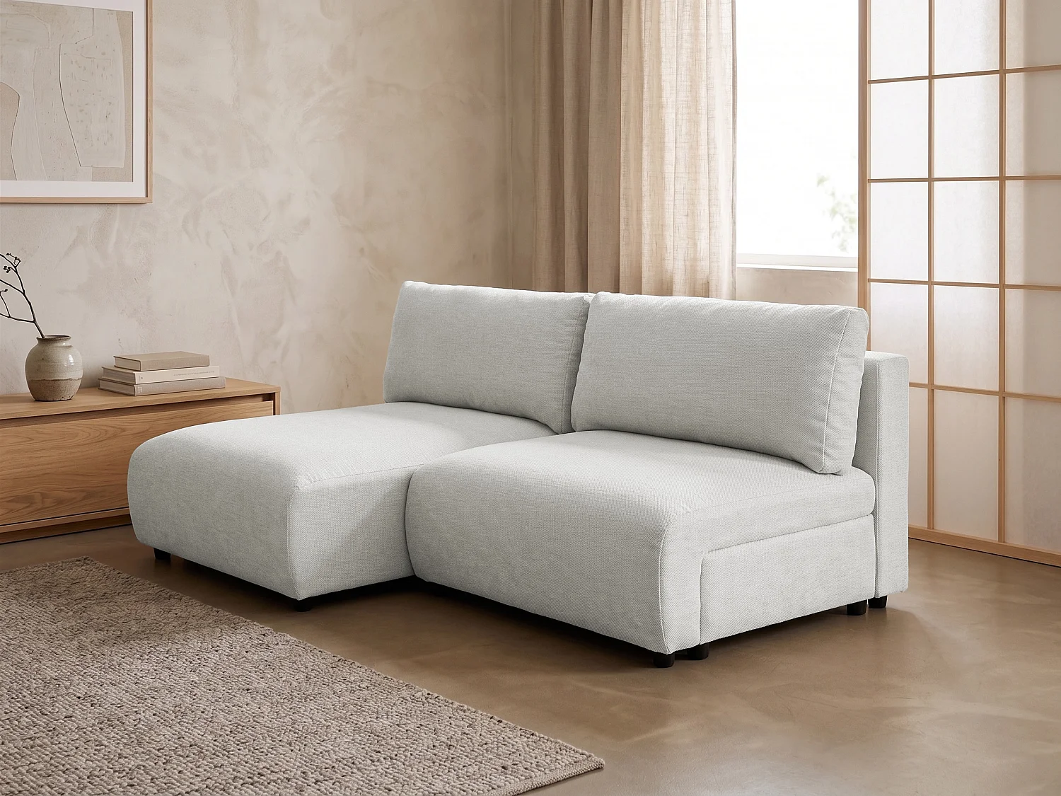Canapé d’angle avec fonction couchage, coffre de rangement et zone de confort extra profonde en tissu structuré de haute qualité SORA