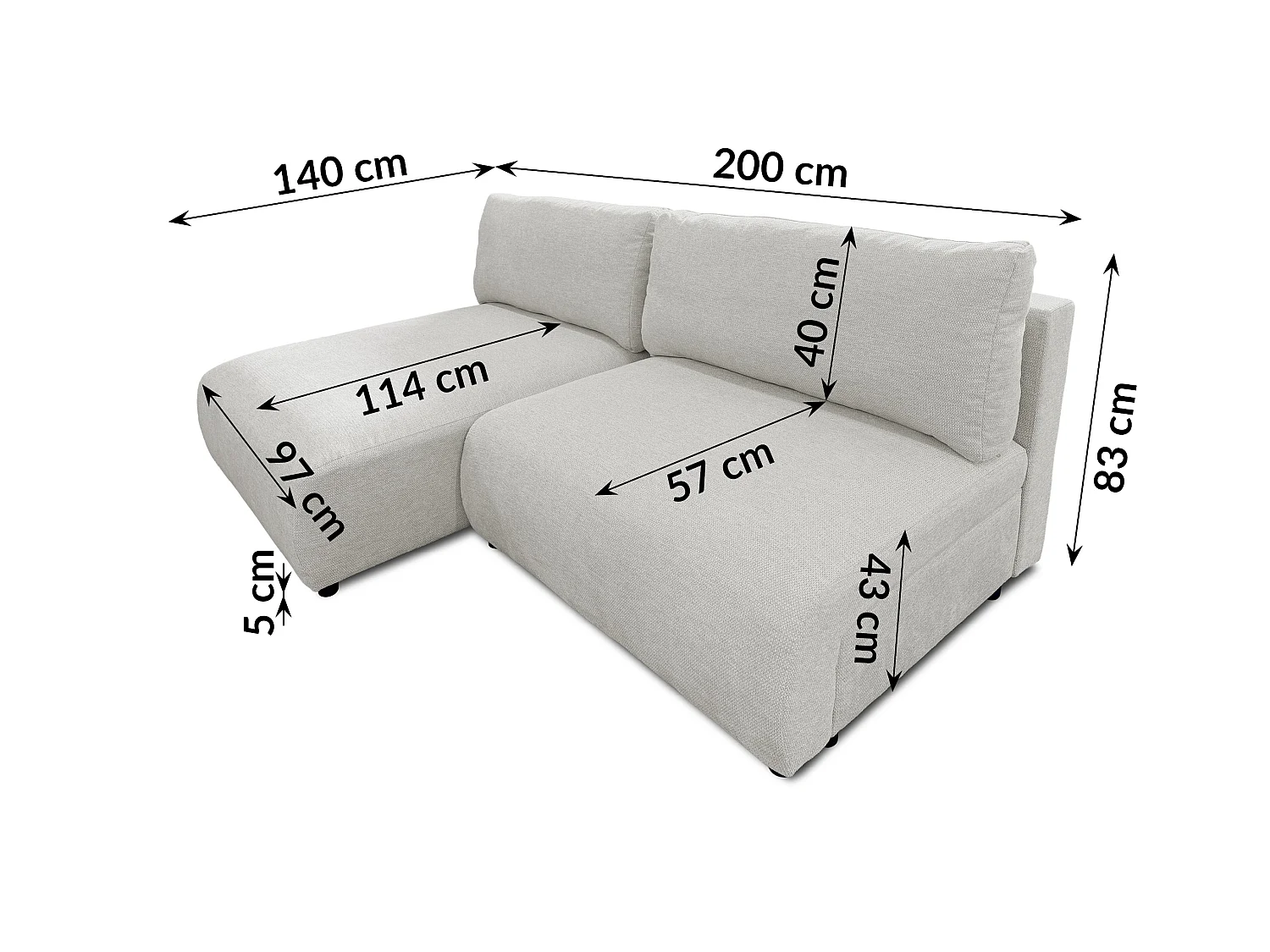 Canapé d’angle avec fonction couchage, coffre de rangement et zone de confort extra profonde en tissu structuré de haute qualité SORA