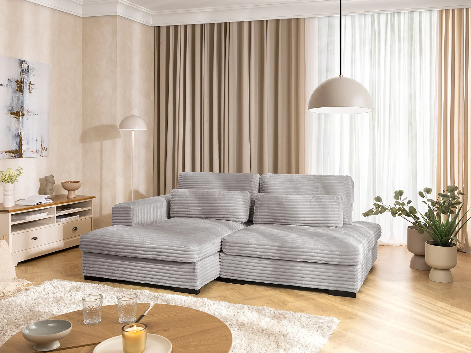 Canapé d’angle avec assise profonde, fonction couchage et pratique coffre de rangement, en tissu côtelé doux WOLKE