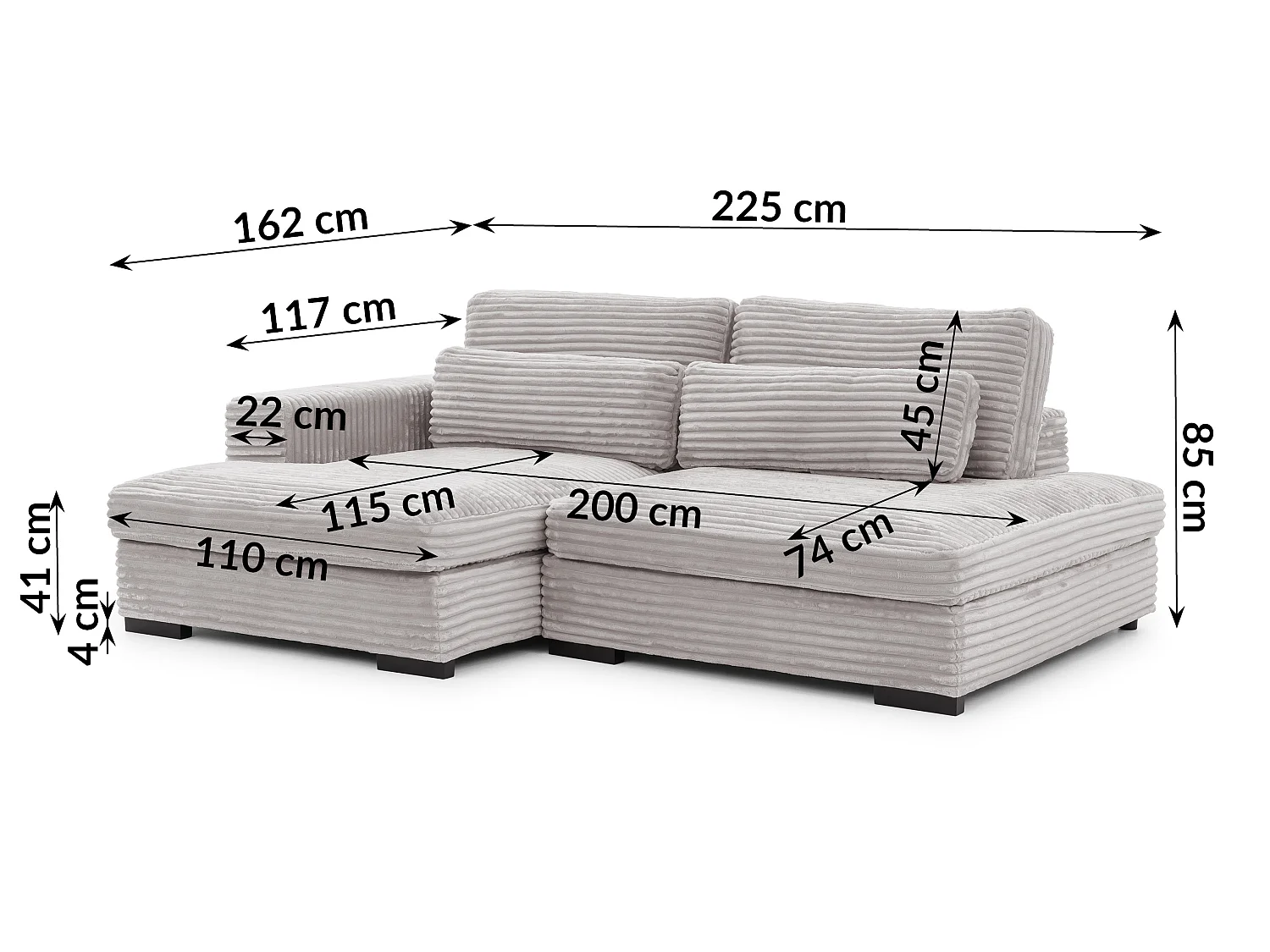 Canapé d’angle avec assise profonde, fonction couchage et pratique coffre de rangement, en tissu côtelé doux WOLKE