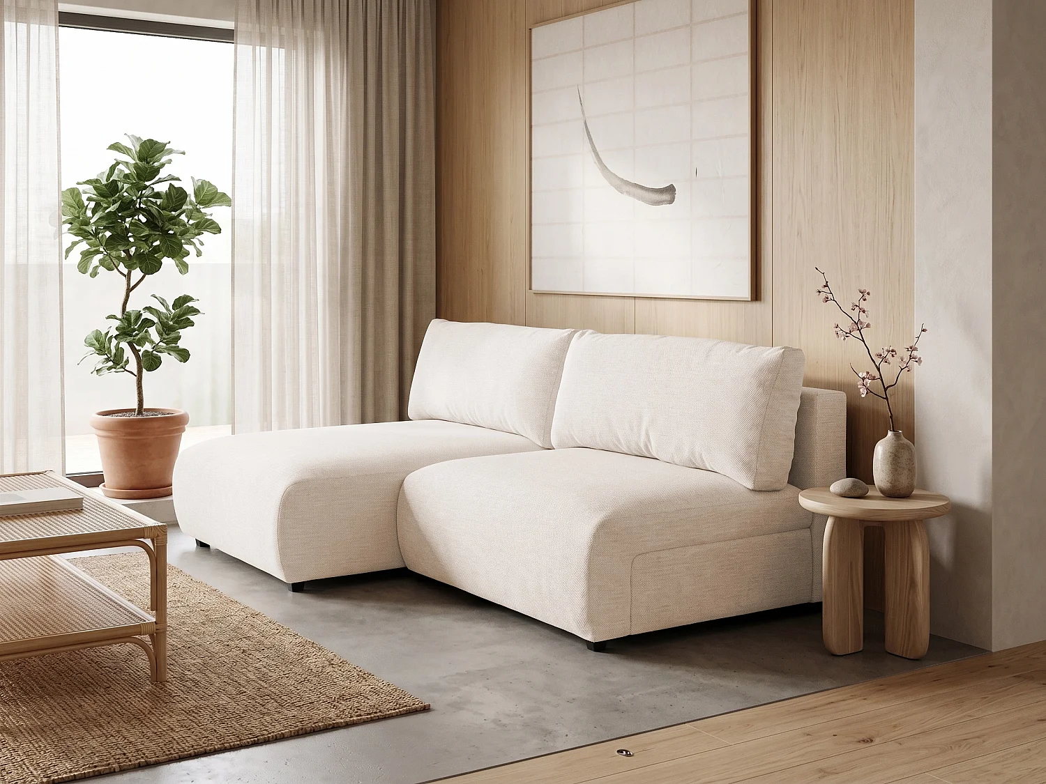 Canapé d’angle avec fonction couchage, coffre de rangement et zone de confort extra profonde en tissu structuré de haute qualité SORA