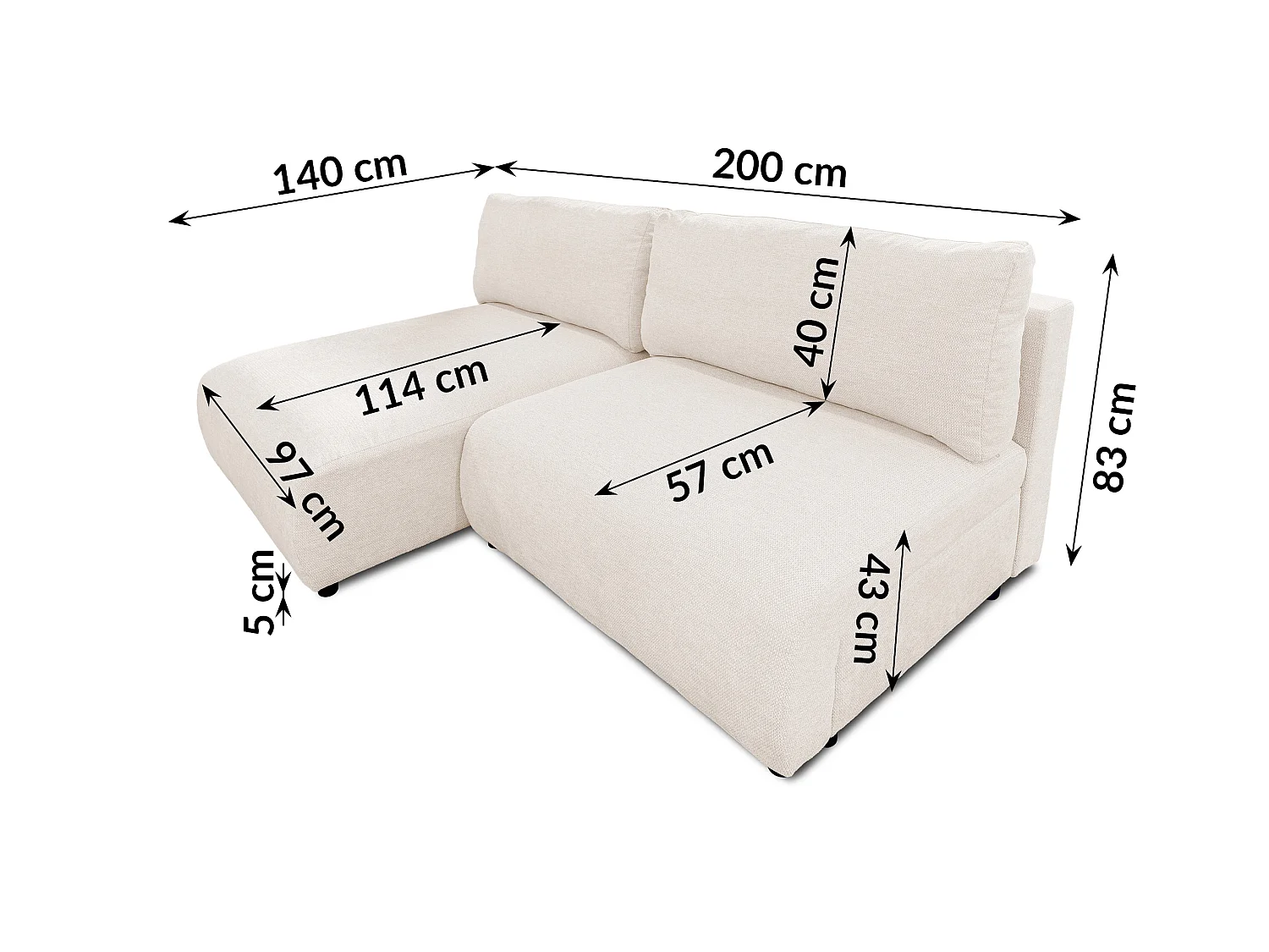 Canapé d’angle avec fonction couchage, coffre de rangement et zone de confort extra profonde en tissu structuré de haute qualité SORA