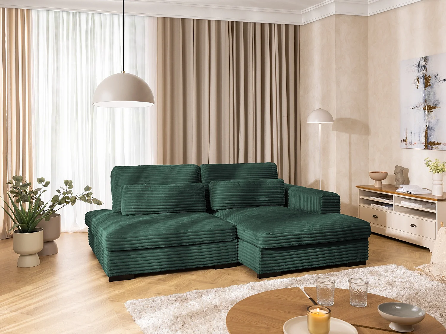 Canapé d’angle avec assise profonde, fonction couchage et pratique coffre de rangement, en tissu côtelé doux WOLKE
