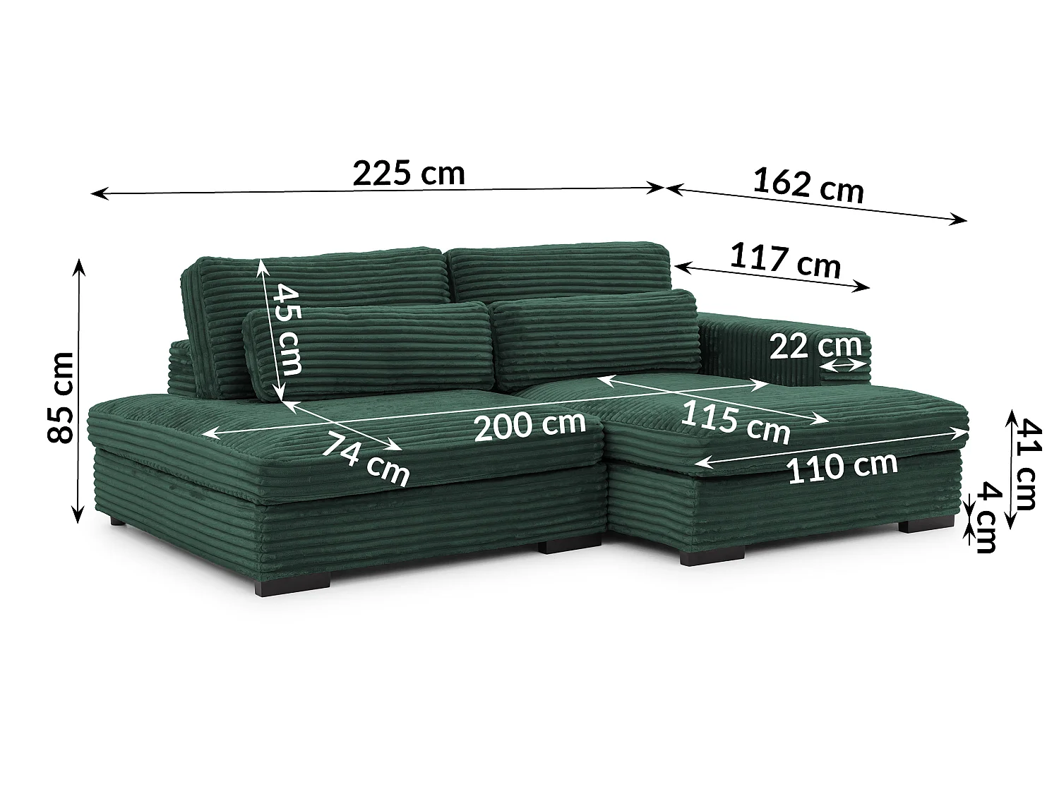 Canapé d’angle avec assise profonde, fonction couchage et pratique coffre de rangement, en tissu côtelé doux WOLKE