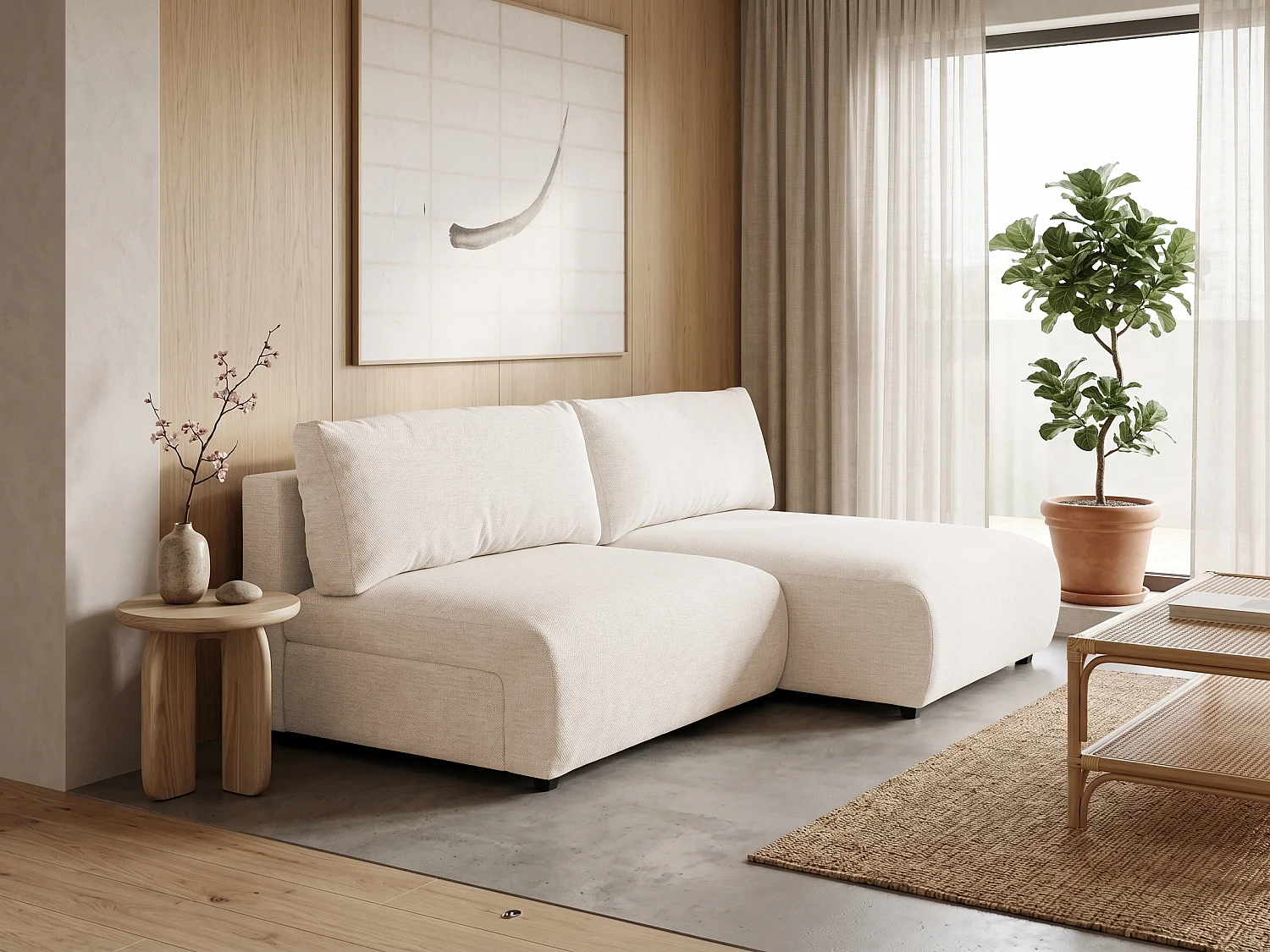 Canapé d’angle avec fonction couchage, coffre de rangement et zone de confort extra profonde en tissu structuré de haute qualité SORA