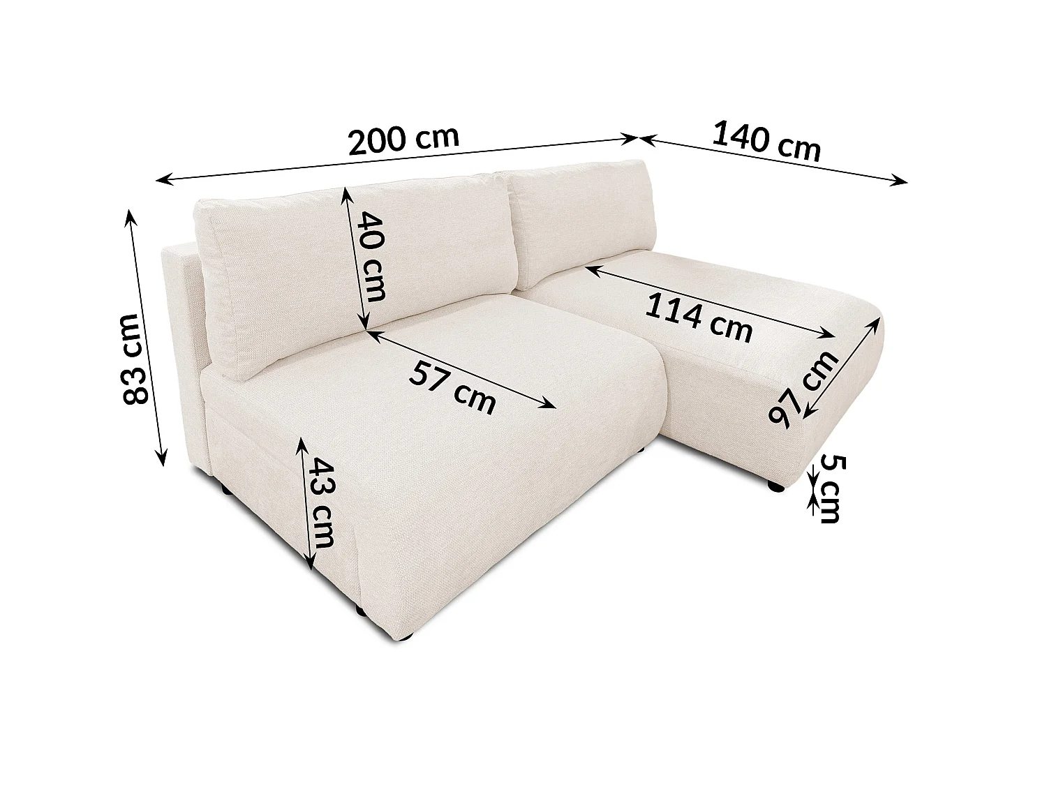 Canapé d’angle avec fonction couchage, coffre de rangement et zone de confort extra profonde en tissu structuré de haute qualité SORA