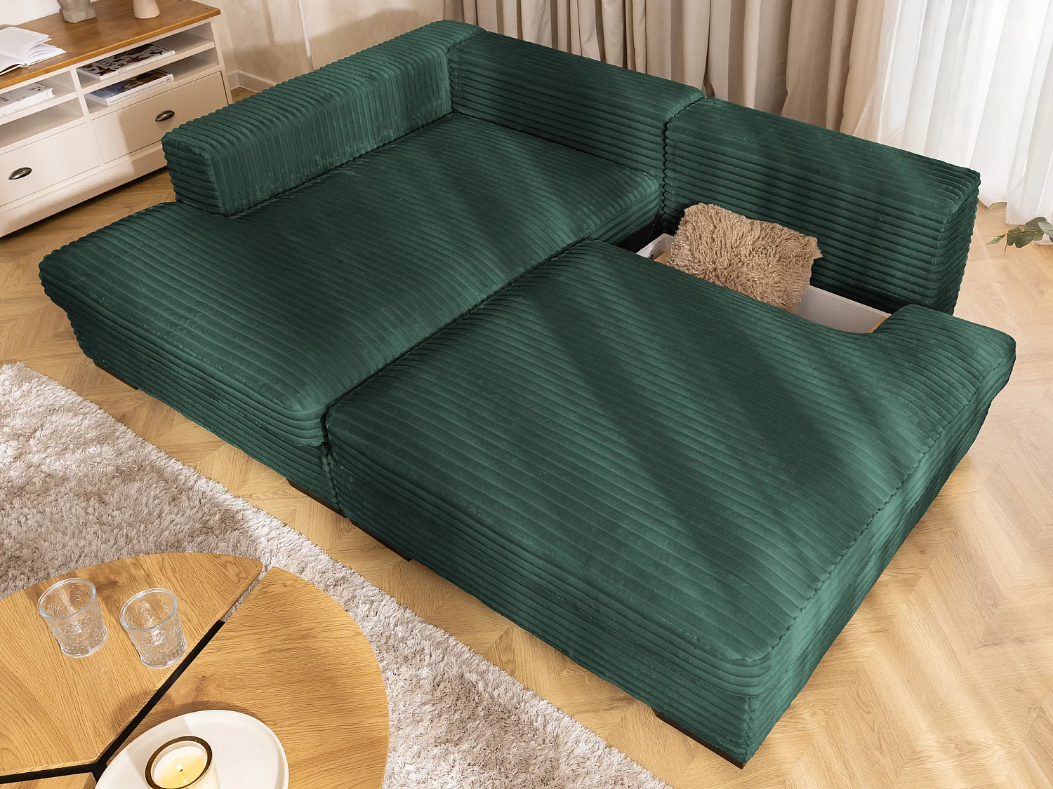 Canapé d’angle avec assise profonde, fonction couchage et pratique coffre de rangement, en tissu côtelé doux WOLKE