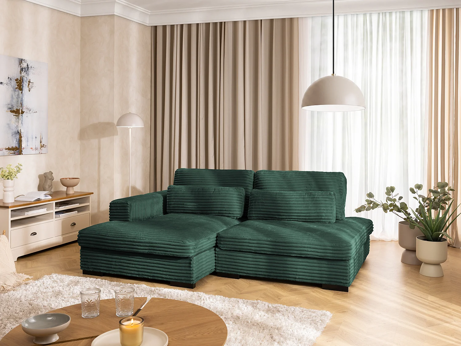 Canapé d’angle avec assise profonde, fonction couchage et pratique coffre de rangement, en tissu côtelé doux WOLKE