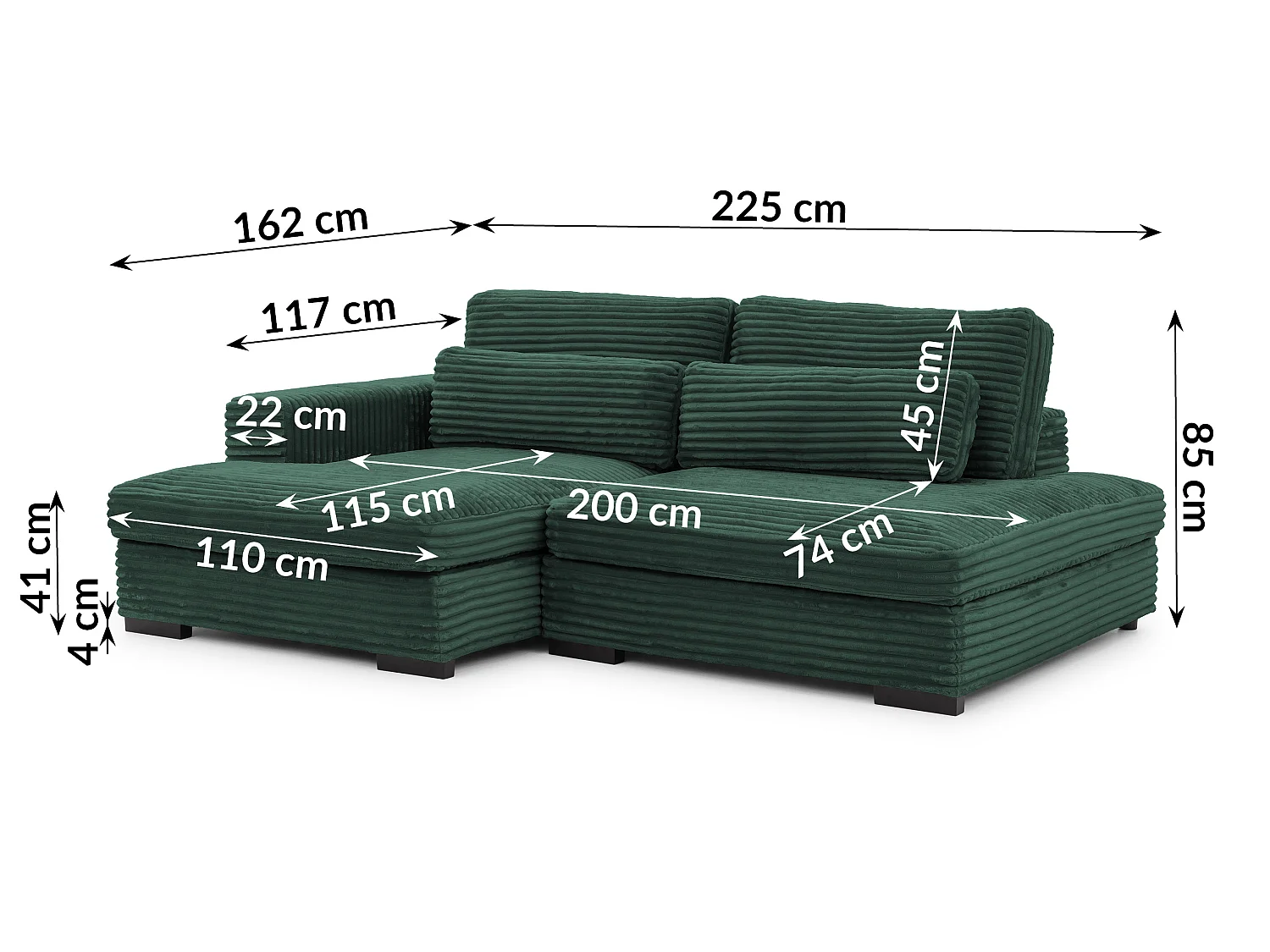 Canapé d’angle avec assise profonde, fonction couchage et pratique coffre de rangement, en tissu côtelé doux WOLKE