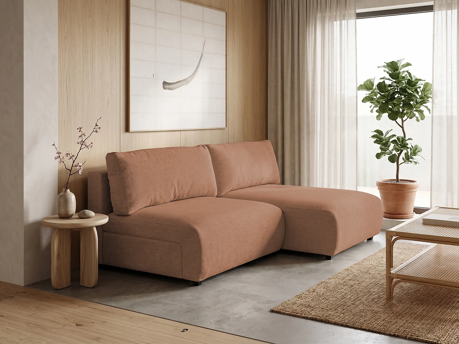 Canapé d’angle avec fonction couchage, coffre de rangement et zone de confort extra profonde en tissu structuré de haute qualité SORA