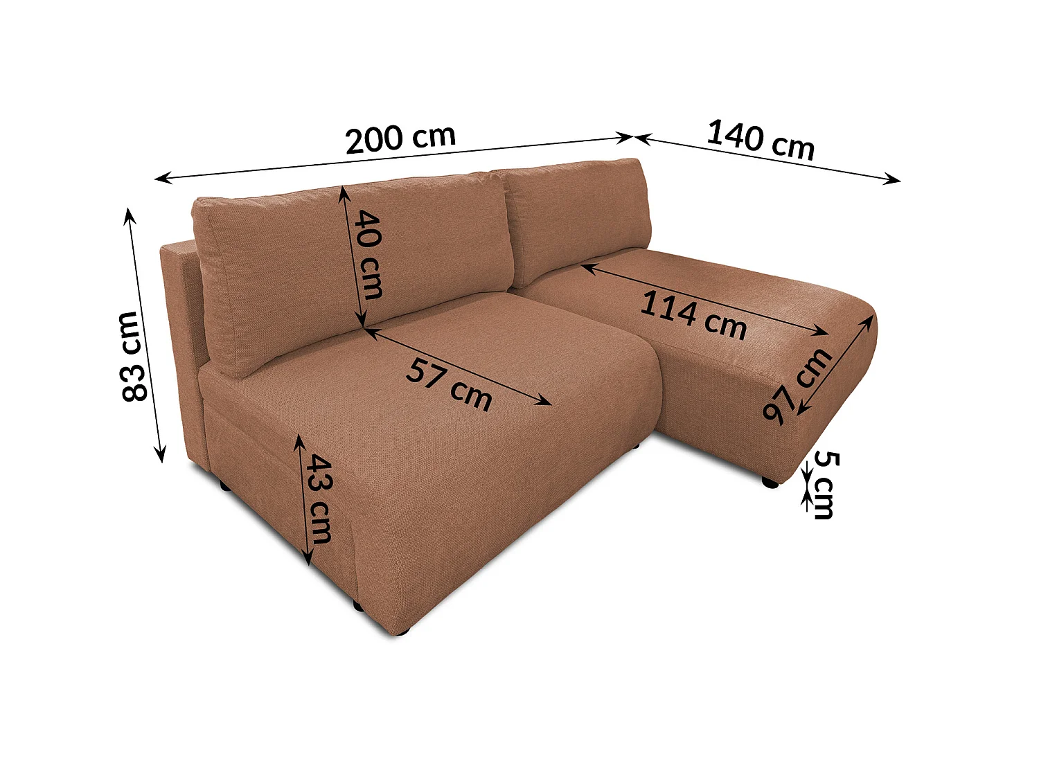 Canapé d’angle avec fonction couchage, coffre de rangement et zone de confort extra profonde en tissu structuré de haute qualité SORA