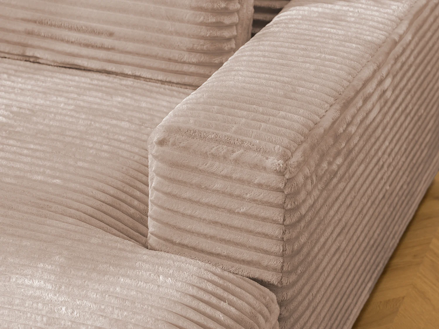 Canapé d’angle avec assise profonde, fonction couchage et pratique coffre de rangement, en tissu côtelé doux WOLKE