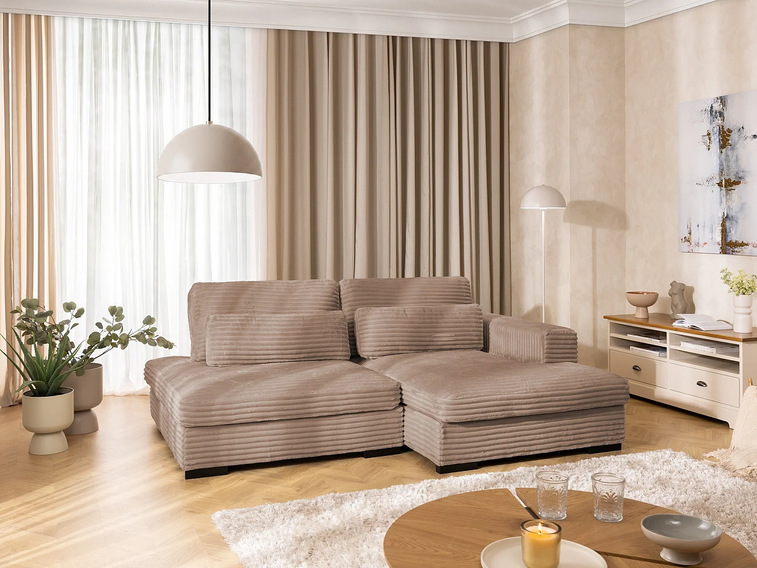 Canapé d’angle avec assise profonde, fonction couchage et pratique coffre de rangement, en tissu côtelé doux WOLKE