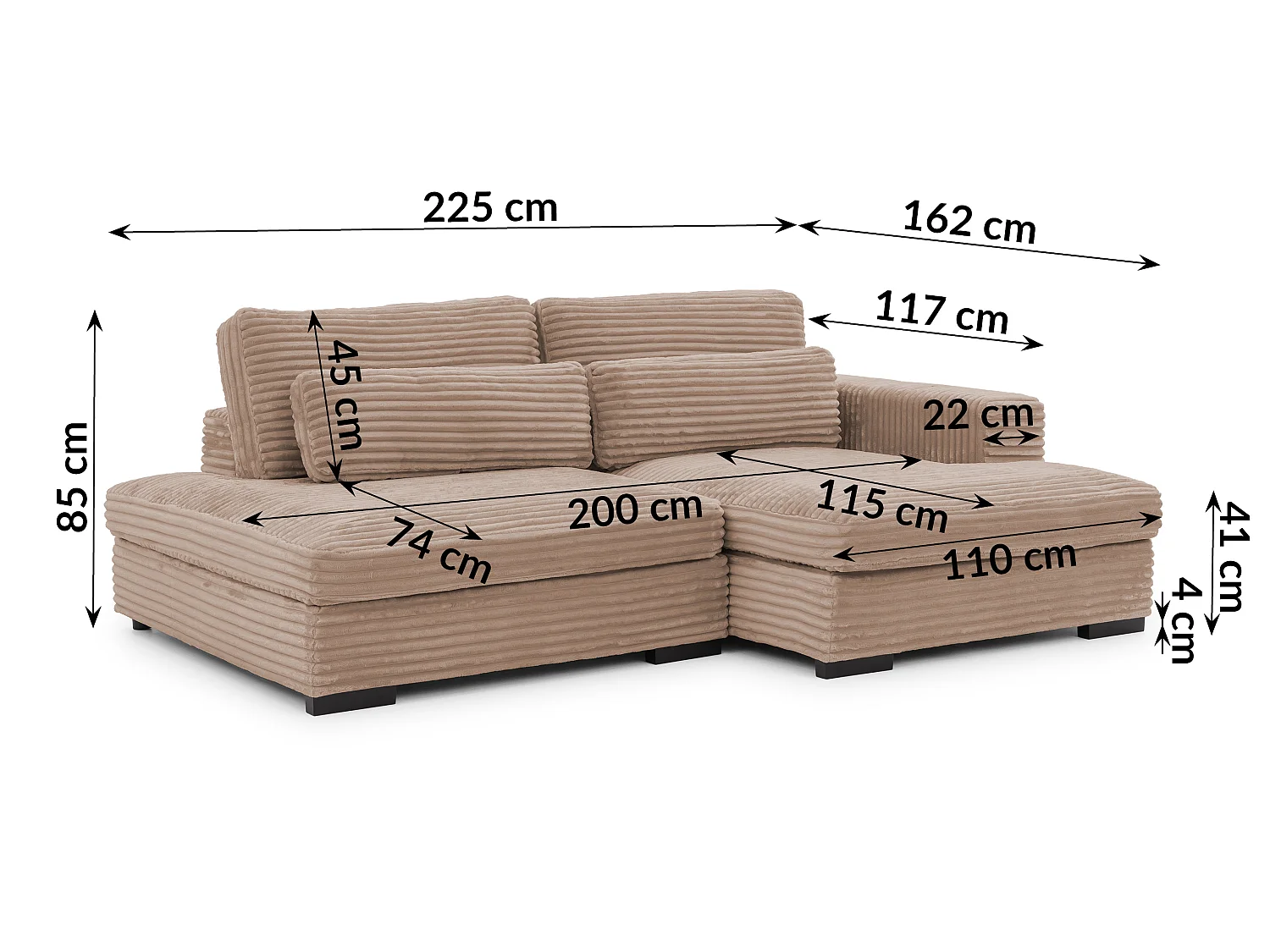 Canapé d’angle avec assise profonde, fonction couchage et pratique coffre de rangement, en tissu côtelé doux WOLKE