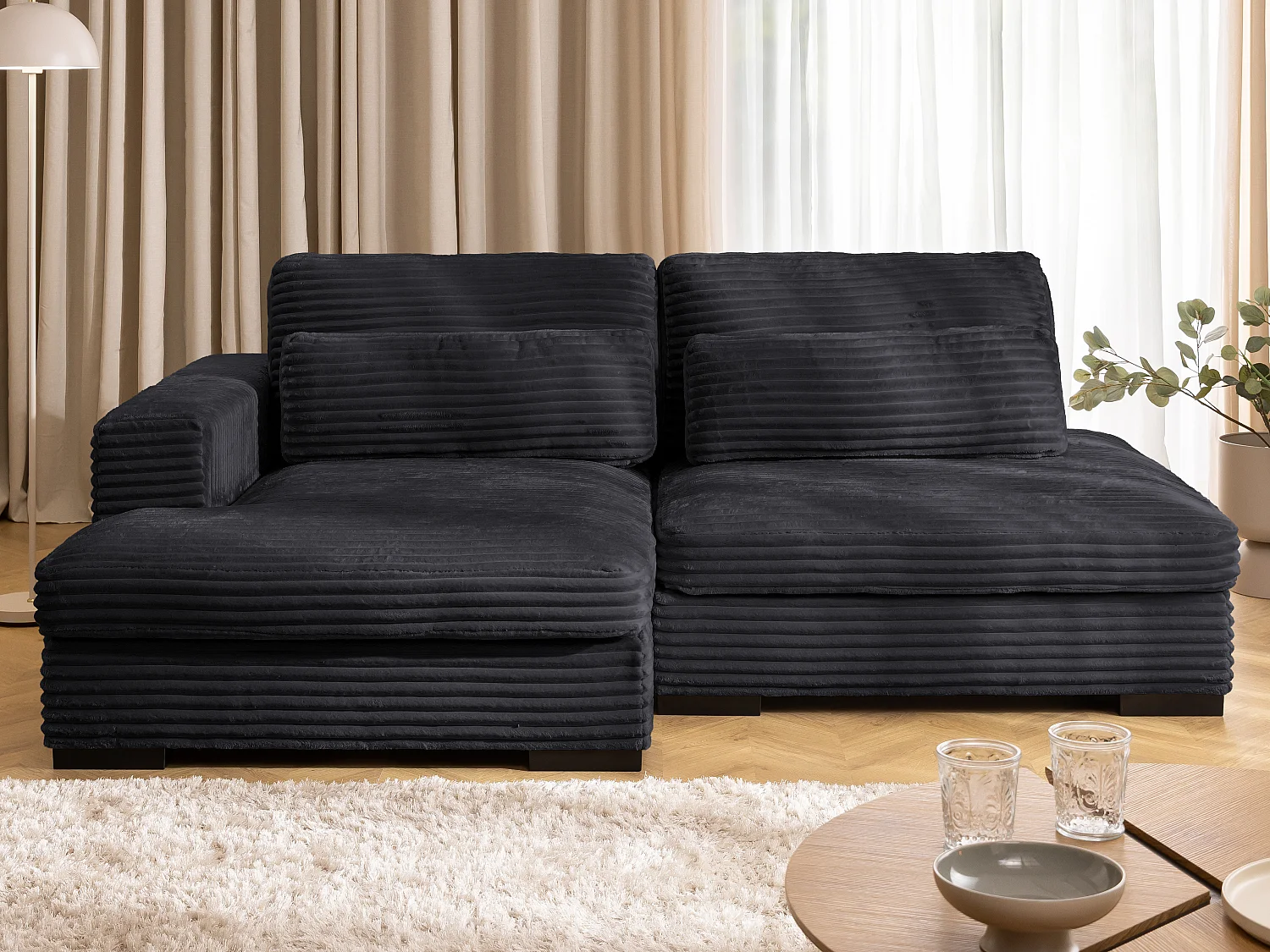 Canapé d’angle avec assise profonde, fonction couchage et pratique coffre de rangement, en tissu côtelé doux WOLKE