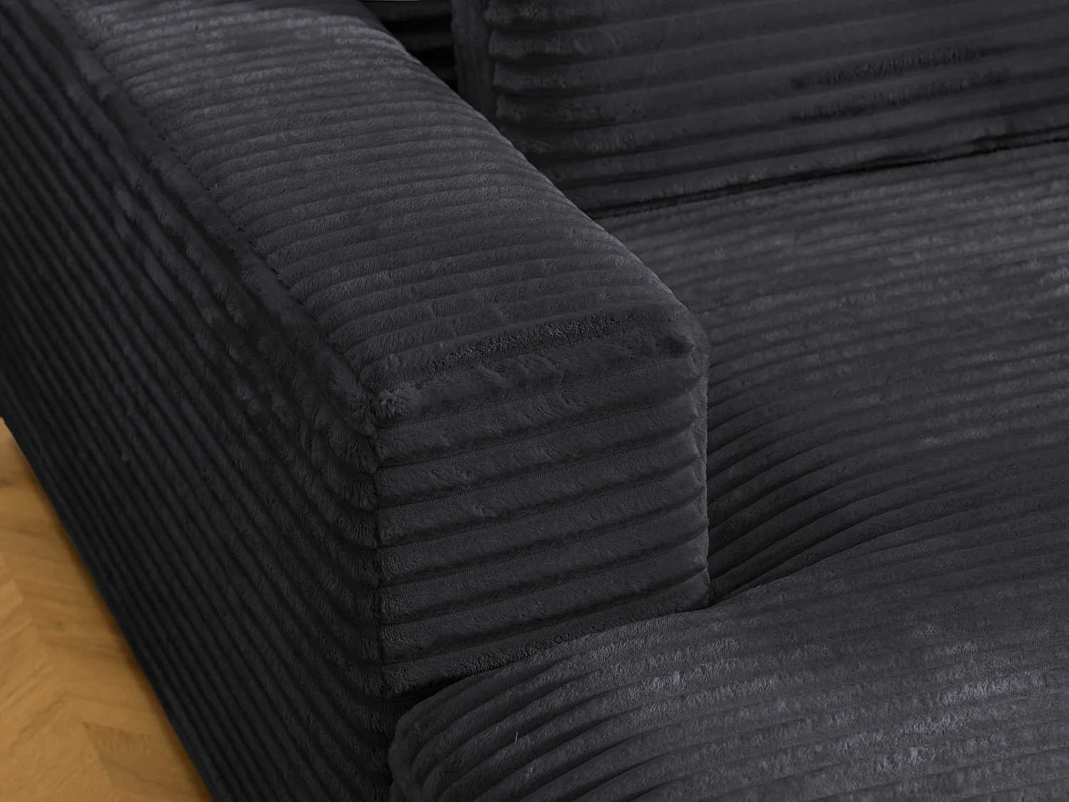 Canapé d’angle avec assise profonde, fonction couchage et pratique coffre de rangement, en tissu côtelé doux WOLKE
