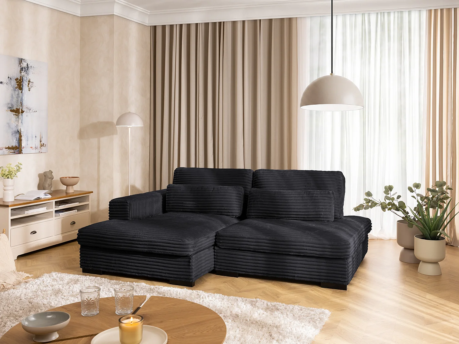 Canapé d’angle avec assise profonde, fonction couchage et pratique coffre de rangement, en tissu côtelé doux WOLKE