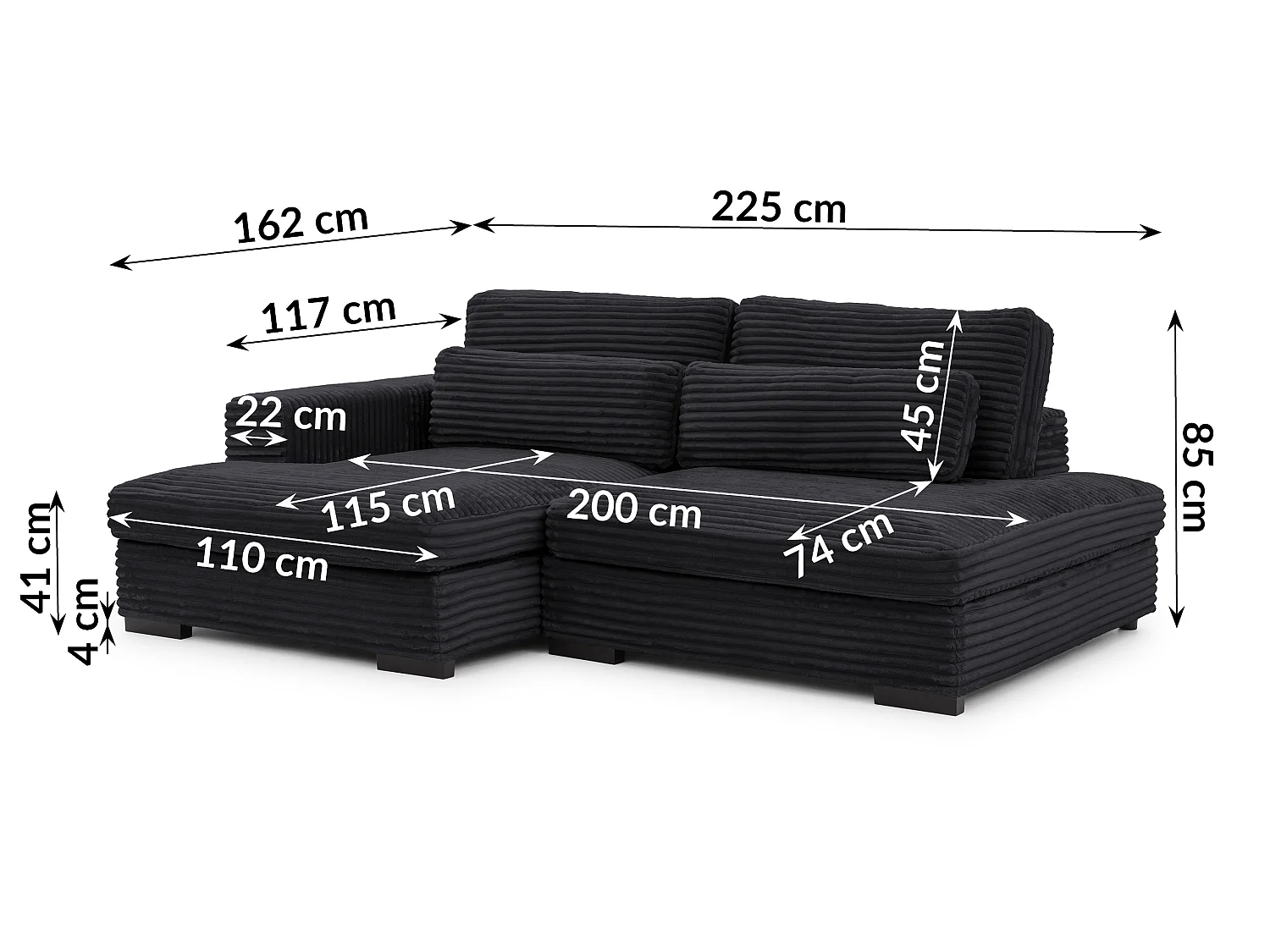Canapé d’angle avec assise profonde, fonction couchage et pratique coffre de rangement, en tissu côtelé doux WOLKE