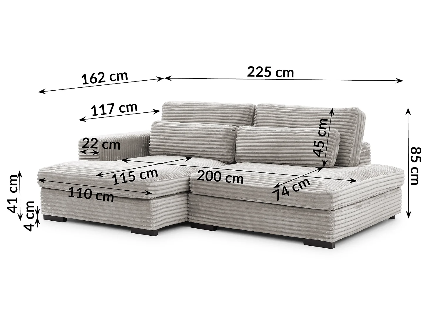 Canapé d’angle avec assise profonde, fonction couchage et pratique coffre de rangement, en tissu côtelé doux WOLKE