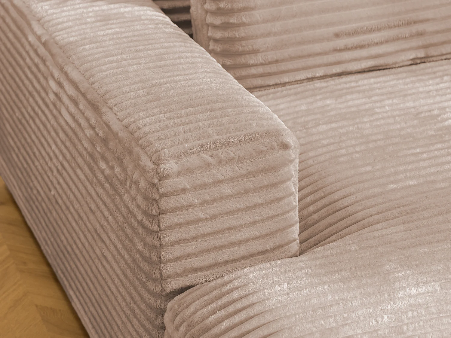 Canapé d’angle avec assise profonde, fonction couchage et pratique coffre de rangement, en tissu côtelé doux WOLKE