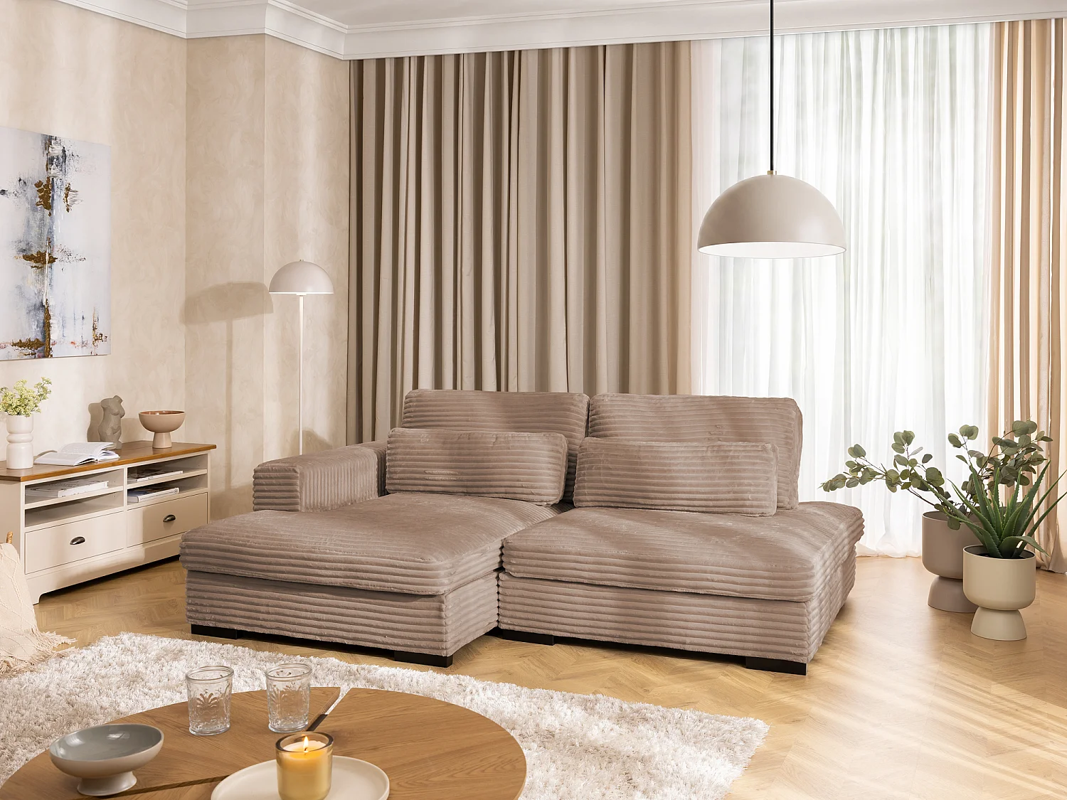 Canapé d’angle avec assise profonde, fonction couchage et pratique coffre de rangement, en tissu côtelé doux WOLKE