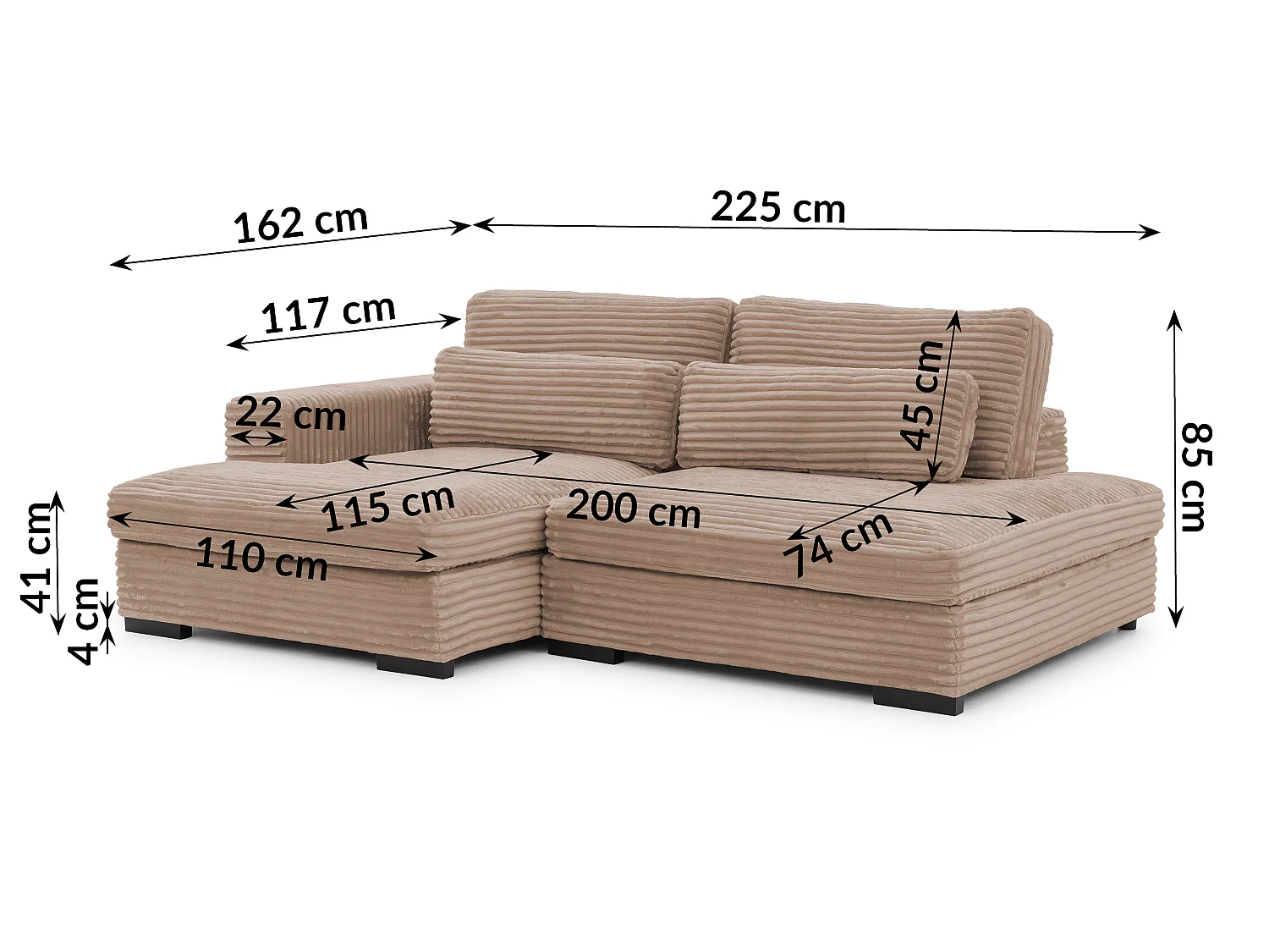 Canapé d’angle avec assise profonde, fonction couchage et pratique coffre de rangement, en tissu côtelé doux WOLKE