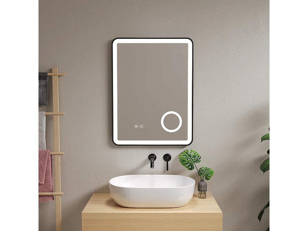 Badspiegel LED 50x70cm Beschlagfrei mit schwarzem Aluminiumrahmen und 3-fach Vergrößerungsspiegel -LuxuryBain