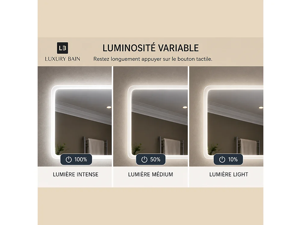Badspiegel LED 50x70cm Beschlagfrei mit schwarzem Aluminiumrahmen und 3-fach Vergrößerungsspiegel -LuxuryBain
