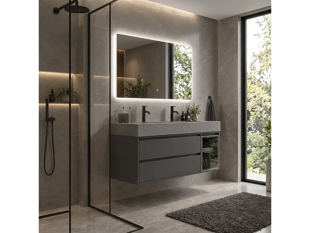 Meuble salle de bain double vasque 140cm gris et effet marbre gris avec miroir LED LB-8512G-140 -LuxuryBain