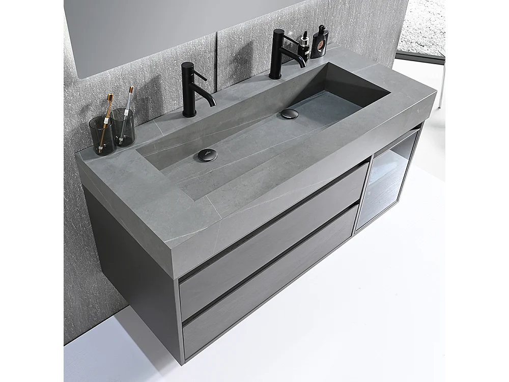 Meuble salle de bain double vasque 140cm gris et effet marbre gris avec miroir LED LB-8512G-140 -LuxuryBain
