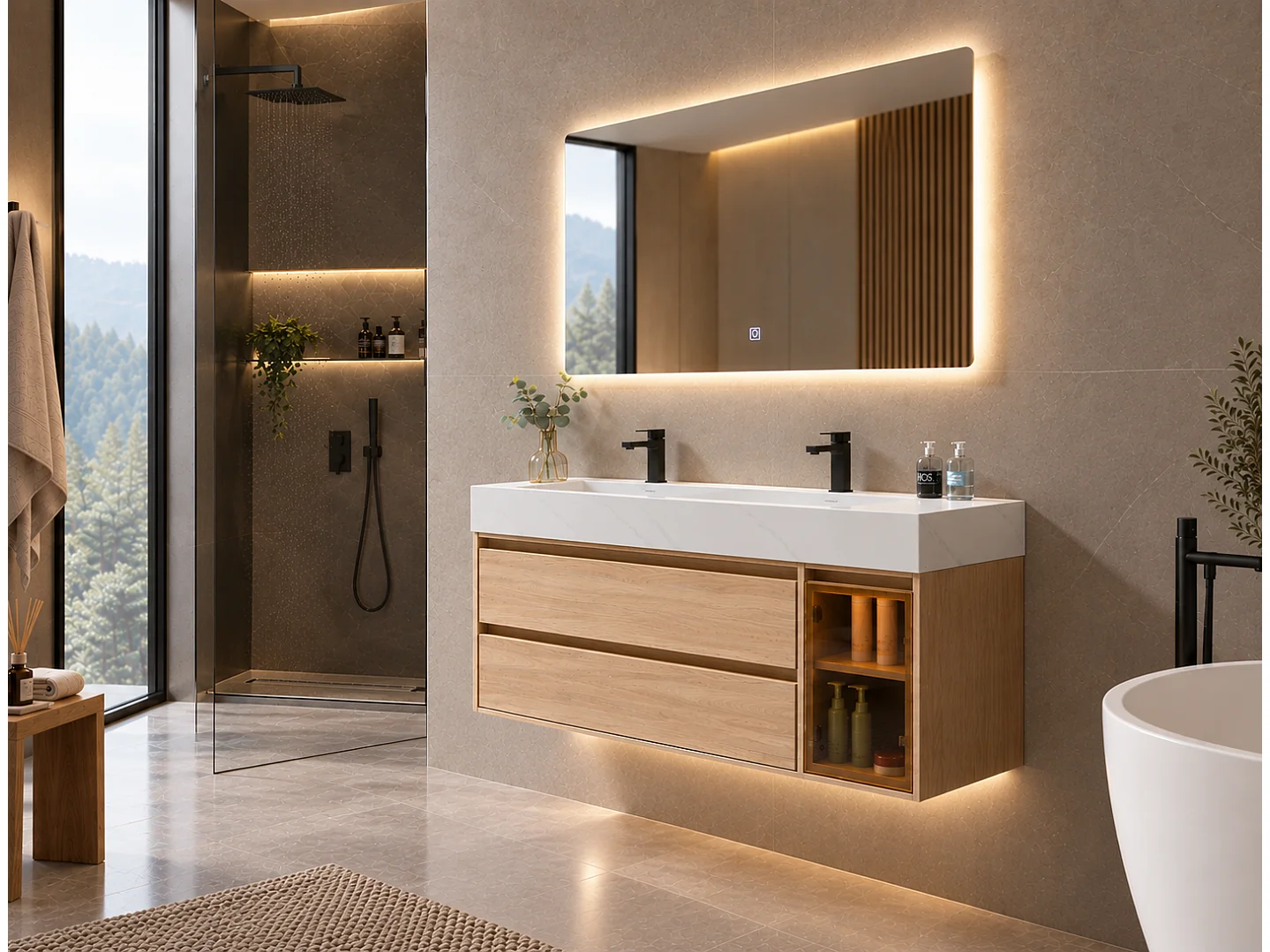 Meuble de salle de bain double vasque 140cm bois et blanc effet marbre avec miroir LED LB-8512C-140 -LuxuryBain