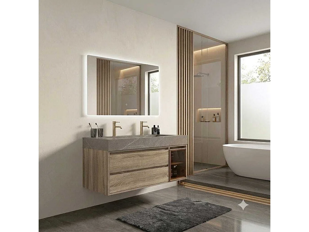 Meuble salle de bain double vasque 140cm bois et effet marbre marron avec miroir LED LB-8512M-140