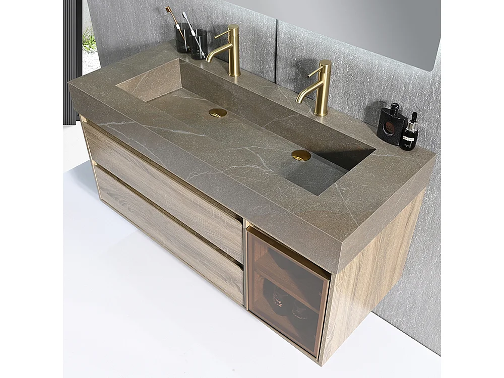 Meuble salle de bain double vasque 140cm bois et effet marbre marron avec miroir LED LB-8512M-140