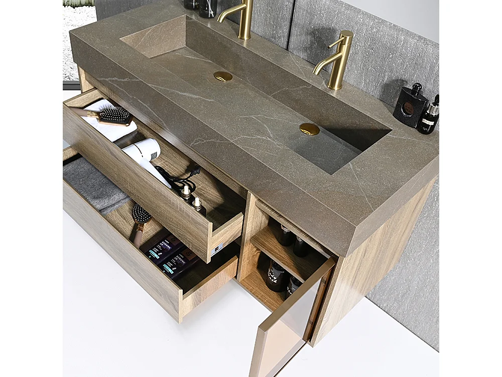 Meuble salle de bain double vasque 140cm bois et effet marbre marron avec miroir LED LB-8512M-140