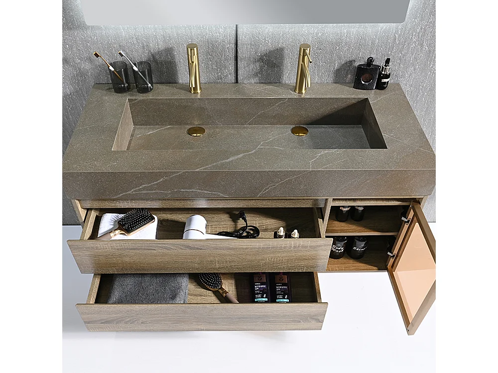 Meuble salle de bain double vasque 140cm bois et effet marbre marron avec miroir LED LB-8512M-140