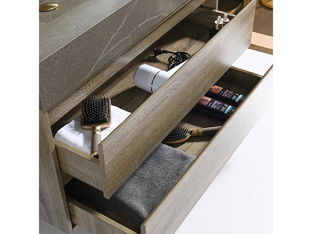 Meuble salle de bain double vasque 140cm bois et effet marbre marron avec miroir LED LB-8512M-140