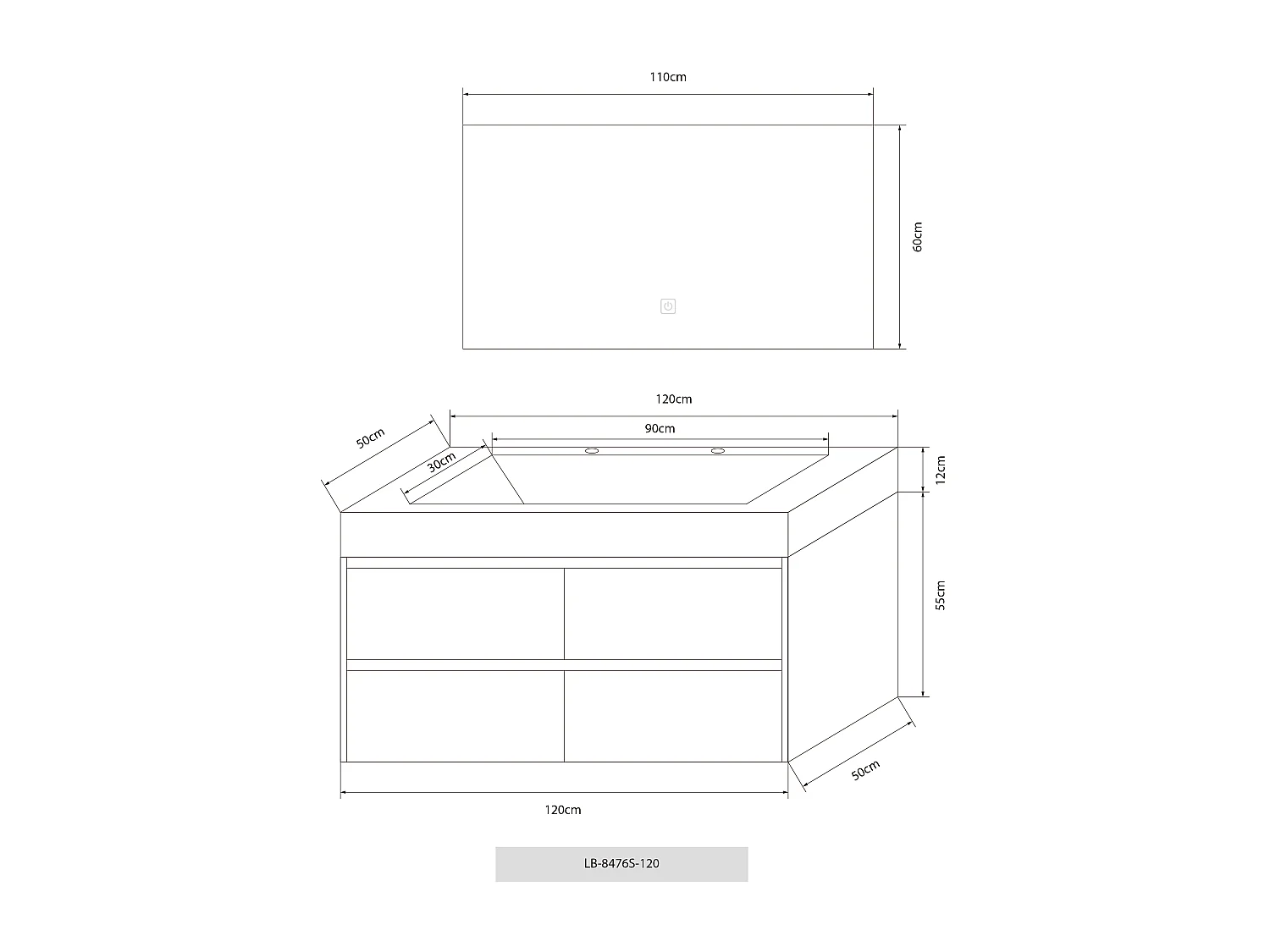 Mobile da bagno doppio lavabo 140cm grigio ed effetto marmo grigio con Specchio LED LB-8476G-140