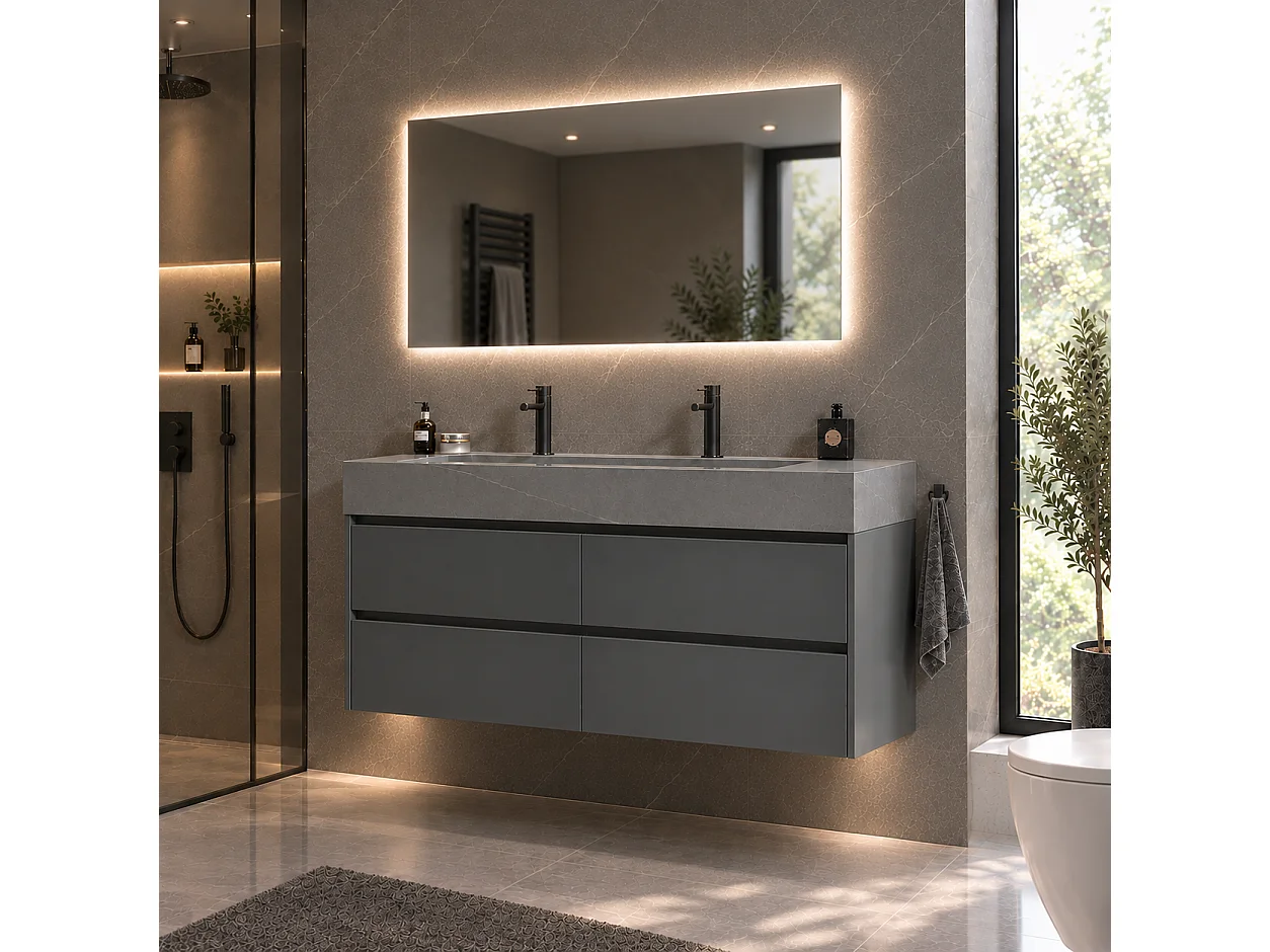 Mobile da bagno doppio lavabo 140cm grigio ed effetto marmo grigio con Specchio LED LB-8476G-140