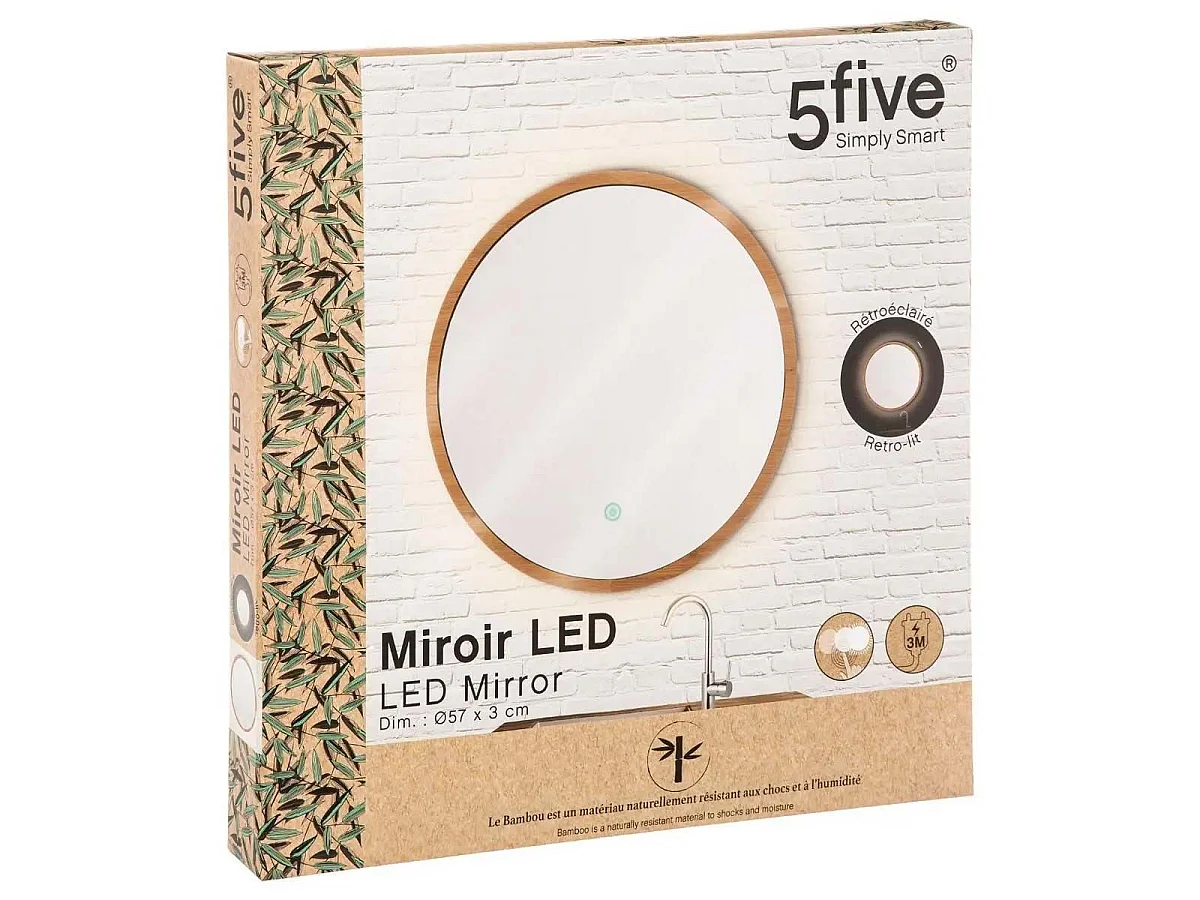 Miroir Mural Led en Bambou "Tactile" 57cm Naturel