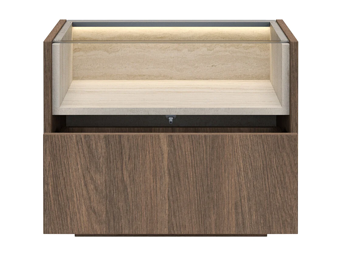 Conjunto de 2 mesitas de noche con 1 cajón y 1 hueco - Con LEDs - Color: Natural oscuro y travertino - ALIVENTO